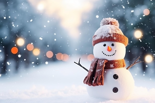Cerrar hombre de nieve sobre borrosa víspera de Navidad