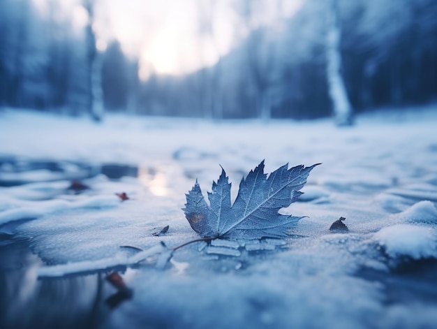 Cerrar imagen de una hoja congelada en la temporada de otoño o invierno