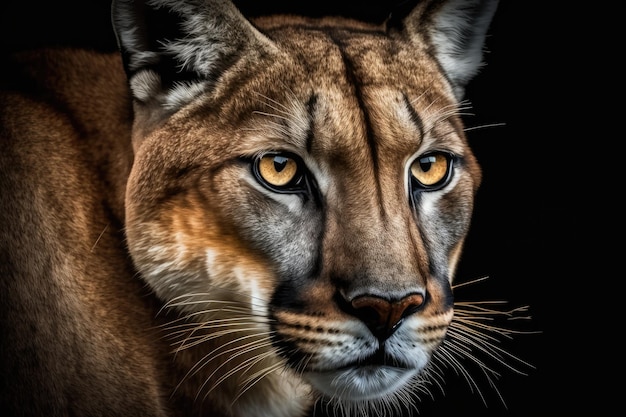 Cerrar imagen de un puma con hermosos ojos contra un fondo negro