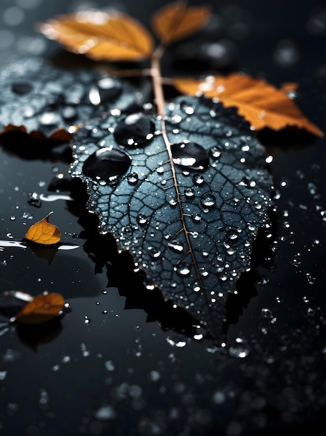 Cerrar imagen realista de una hoja negra con gotas de agua