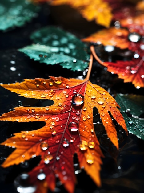Cerrar imagen realista de una hoja de otoño con gotas de agua