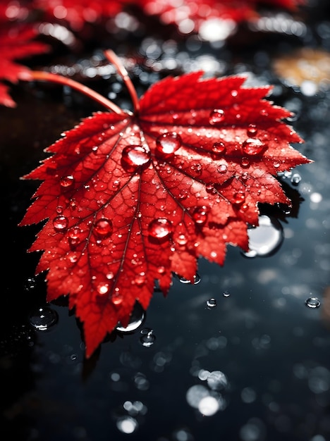 Cerrar imagen realista de una hoja roja con gotas de agua