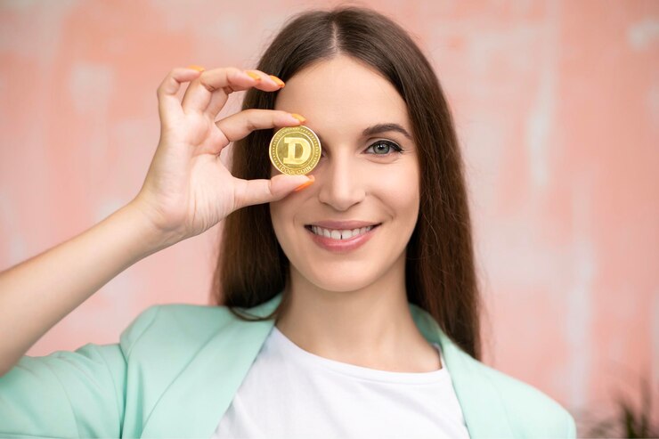 Cerrar joven mujer sonriente sostiene dogecoin en el ojo delantero Moneda futura virtual en línea