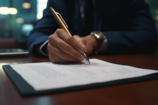 cerrar una mano firmando el documento en la mesa de la oficina