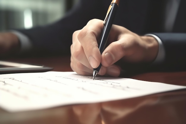 cerrar una mano firmando el documento en la mesa de la oficina