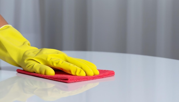 cerrar la mano con la mesa de limpieza de guantes de goma