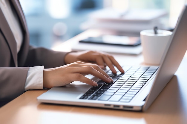 Cerrar la mano de una mujer de negocios escribiendo teclado computadora portátil en el escritorio de la oficina