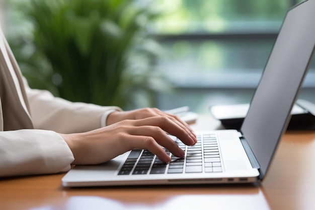 Cerrar la mano de una mujer de negocios escribiendo teclado computadora portátil en el escritorio de la oficina