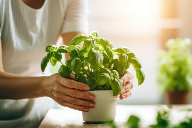 Cerrar la mano de la mujer recogiendo hojas de vegetación de albahaca Jardinería doméstica en la cocina IA generada