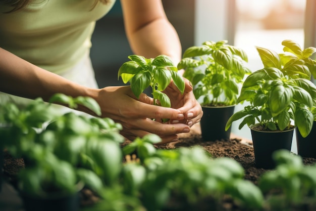 Cerrar la mano de la mujer recogiendo hojas de vegetación de albahaca Jardinería doméstica en la cocina IA generada