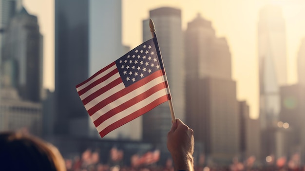 Cerrar mano sujetando la bandera de los Estados Unidos de América con rascacielos en el fondo EE.UU. Generativo ai