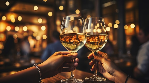 Cerrar las manos amigos brindando vino blanco en la cena en el restaurante