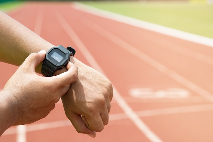 Foto cerrar las manos atleta comprobando su reloj corredor de temporizador de carrera listo para correr en pista de atletismo.