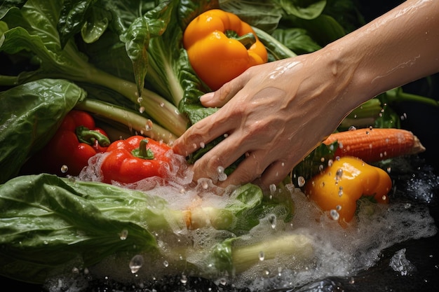 cerrar las manos lavando verduras