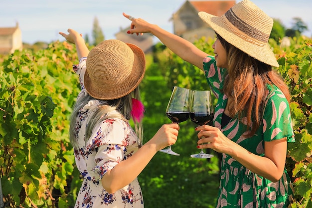 Cerrar en manos de mujeres sosteniendo copas de vino tinto en viñedo en Francia