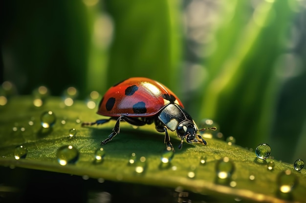 cerrar una mariquita en gotas de agua de hoja en un día soleado en el fondo de la naturaleza