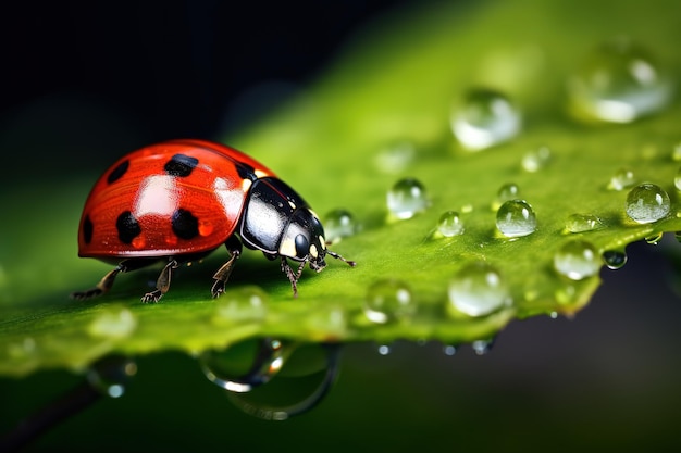 cerrar mariquita en la hoja con una gota de agua sobre el fondo de la naturaleza borrosa