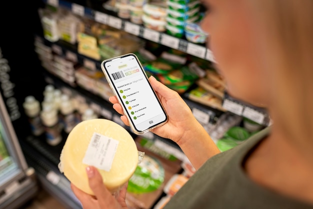 Cerrar mujer comprobando queso con teléfono