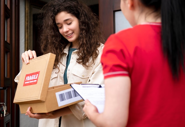 Foto cerrar mujer de entrega con paquete