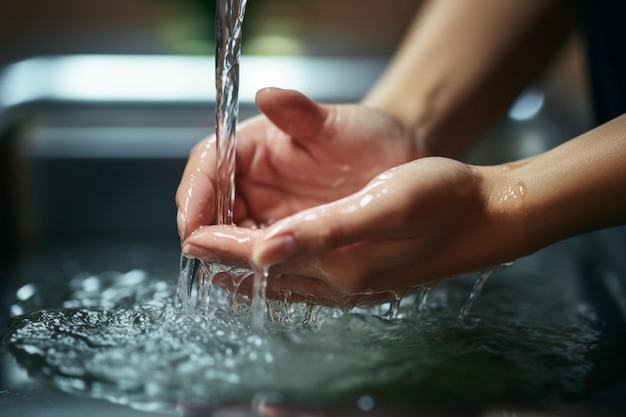 Cerrar Una mujer no identificada inicia la higiene lavándose las manos diligentemente en el baño