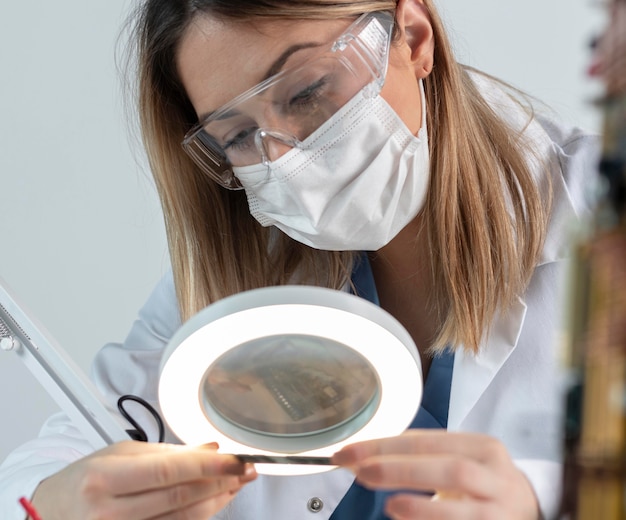 Cerrar mujer trabajando con mascarilla