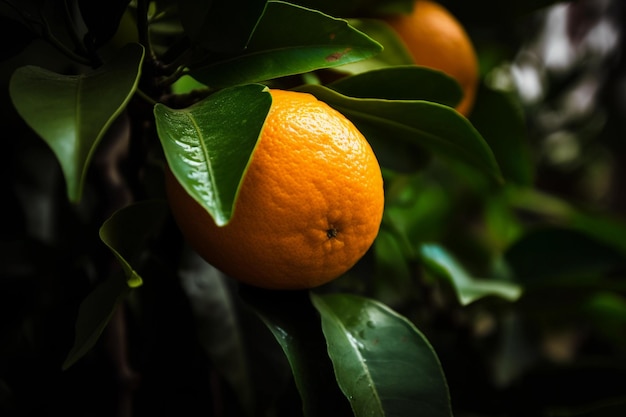 Cerrar naranjo naranja en un árbol en una fotografía de comida de jardín