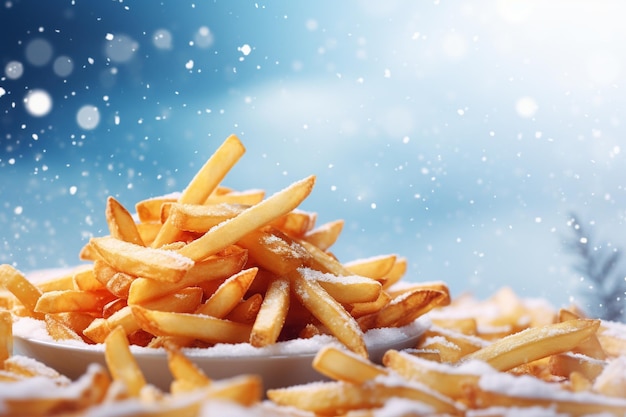 cerrar papas fritas levitar sobre un fondo de tema de invierno