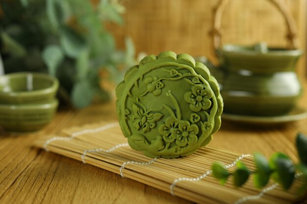 Cerrar pasteles de luna de matcha verde Mooncake es una panadería tradicional china