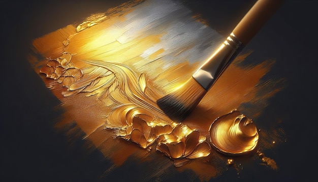 cerrar el pincel de pintura cargado con pintura de color dorado grueso en la superficie oscura