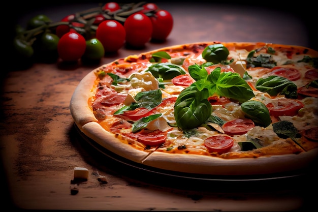 Cerrar pizza margherita con mozarella y albahaca fresca