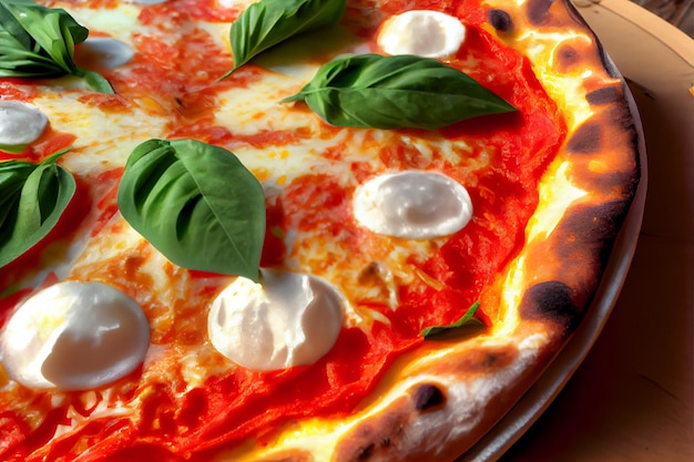 Foto cerrar pizza margherita con mozarella y albahaca fresca