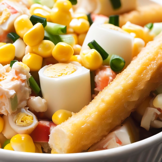 Cerrar una porción de ensalada de cangrejo de palitos de pescado, huevos, cebollino y maíz en un recipiente sobre la mesa
