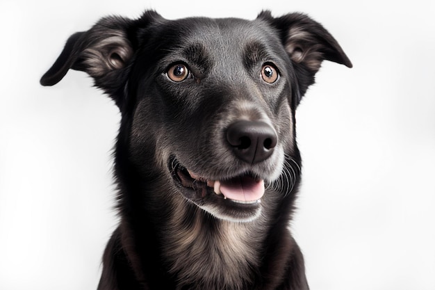 Cerrar retrato lindo gracioso gris negro marrón perro sonriendo sobre fondo blanco aislado.