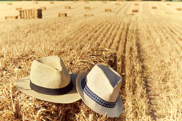 Cerrar en sombreros en fardos de paja durante la cosecha