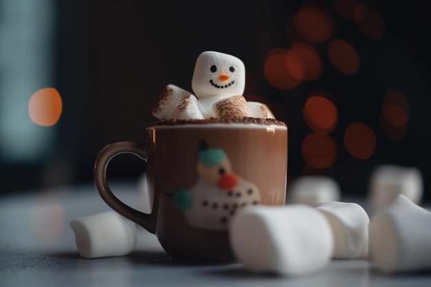 Cerrar taza de bebida caliente con muñeco de nieve de malvavisco sobre fondo borroso