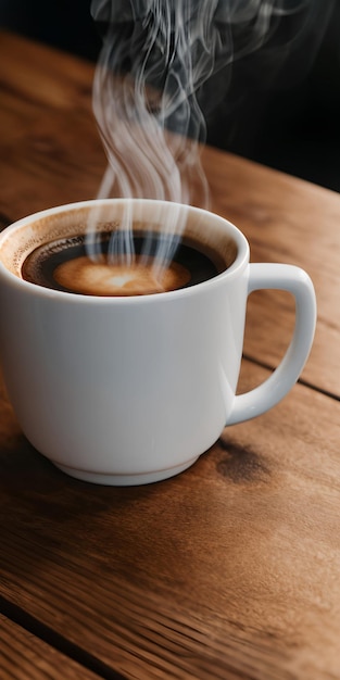 Foto cerrar la taza de café en la mesa de madera vapor subiendo