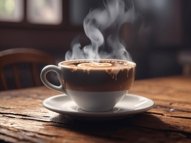 Foto cerrar la taza de café sobre la mesa de madera vapor generando ai