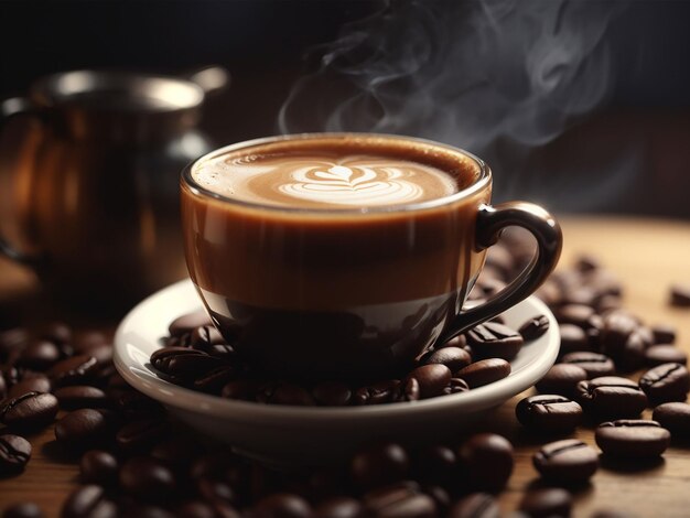 Cerrar la taza de café sobre la mesa de madera vapor generando ai