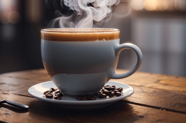 Cerrar la taza de café sobre la mesa de madera el vapor subiendo