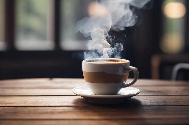 Cerrar la taza de café sobre la mesa de madera el vapor subiendo