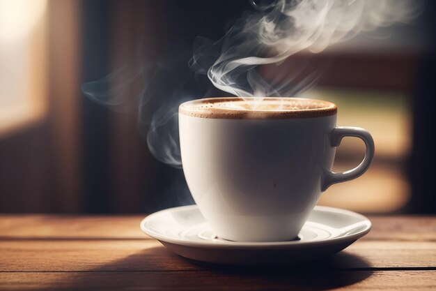 Cerrar la taza de café sobre la mesa de madera el vapor subiendo