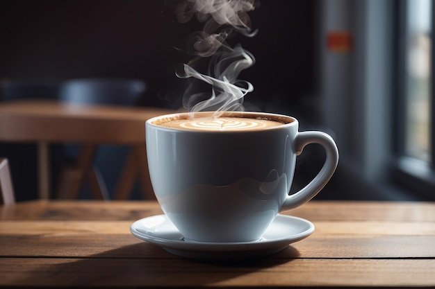 Cerrar la taza de café sobre la mesa de madera el vapor subiendo