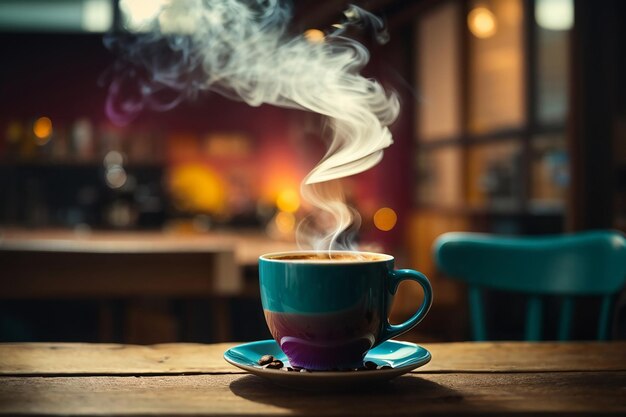 Cerrar la taza de café sobre la mesa de madera el vapor subiendo