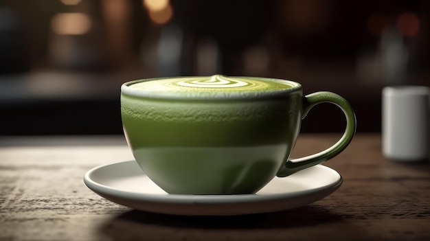 Cerrar taza de té verde matcha latte en taza blanca con arte de latte en polvo