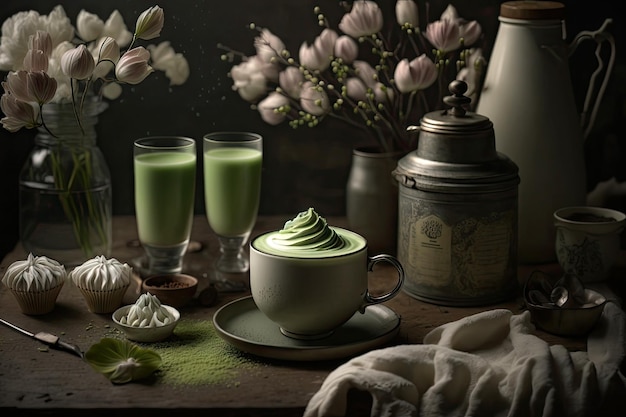 Cerrar una taza de té verde matcha latte en una taza blanca con polvo latte art té verde IA generativa