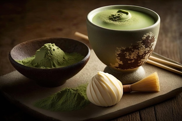 Cerrar una taza de té verde matcha latte en una taza blanca con polvo latte art té verde IA generativa
