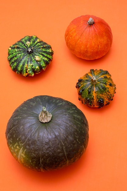 Foto cerrar varias calabazas en la mesa