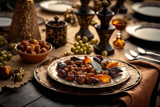 Cerrar variedad de mesa con comida árabe durante la comida iftar en ramadán IA generada