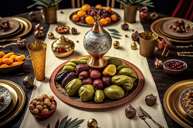 Cerrar variedad de mesa con comida árabe durante la comida iftar en ramadán IA generada