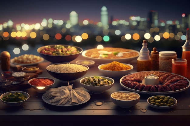 Cerrar variedad de mesa con comida árabe durante la comida iftar en ramadán IA generada